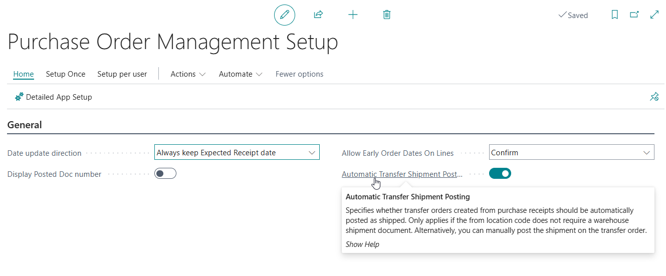 POM Setup — Automatic Transfer Shipment Posting enabled