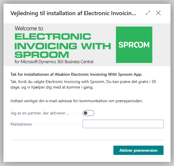 Guidens første side med e-mail og Aktiver prøveversion