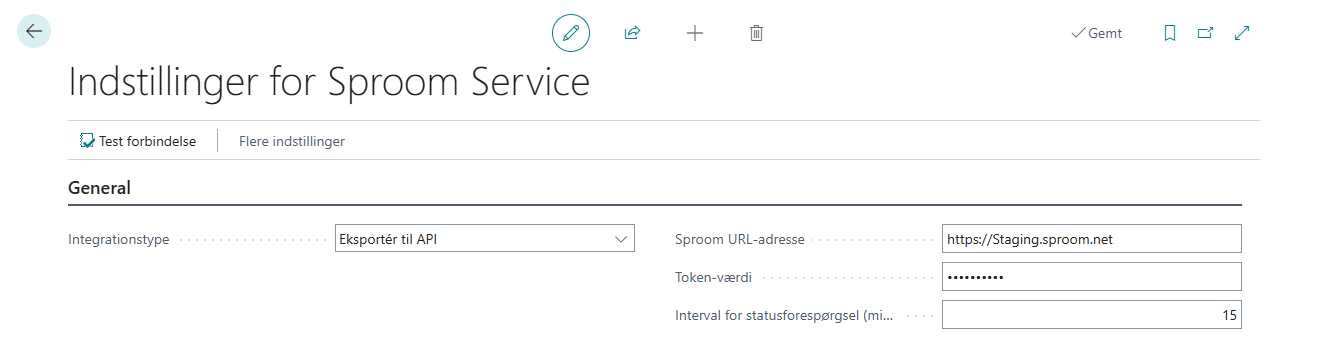 Indstillinger for Sproom Service med feltet Integrationstype