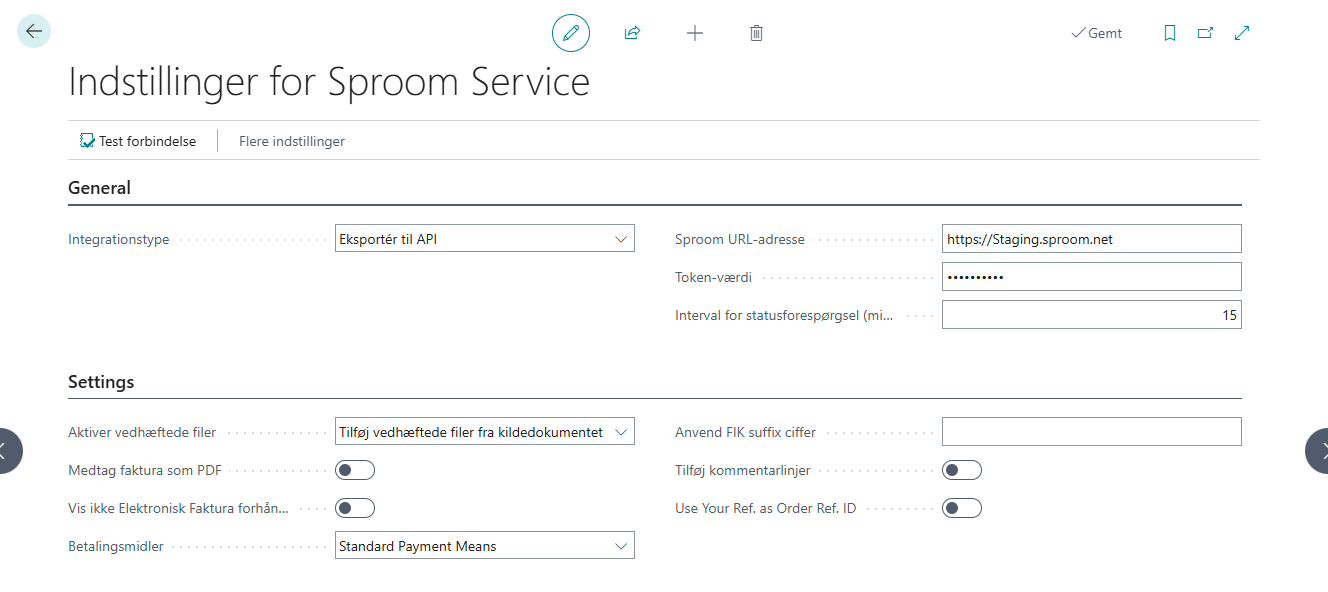 API-felter: Sproom URL-adresse, Token-værdi og interval