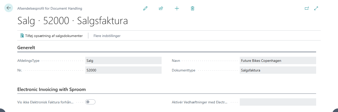 Afsendelsesprofil for Salgsfaktura med Electronic Invoicing with Sproom