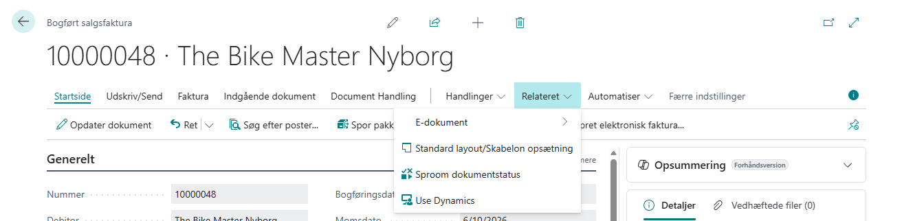 Handlingen Sproom dokumentstatus på bogført salgsfaktura