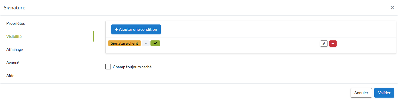 Condition visibilite champ signature