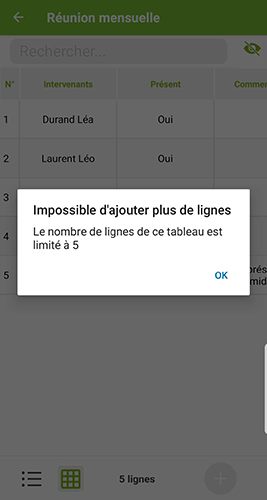 Message d'alerte sur le mobile quand le nombre de lignes du tableau n'est pas respecté.