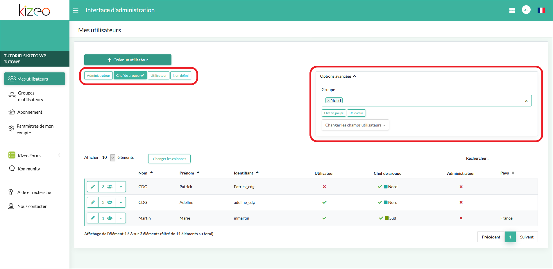 Options avancées et tri par statut de vos utilisateurs