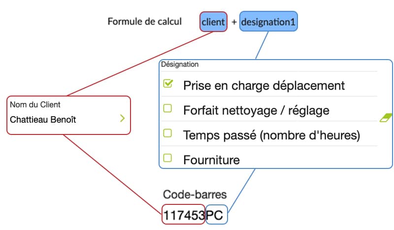 Afin de concaténer, nous ajoutons ensuite ces champs les uns à la suite des autres dans notre élément Calcul séparés d'un +