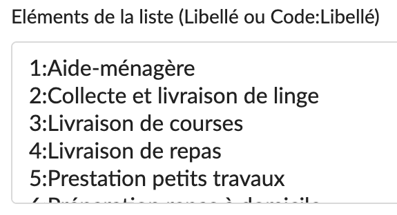 Remplissez le champ « Eléments de la liste (Libellé ou Code:Libellé) ».