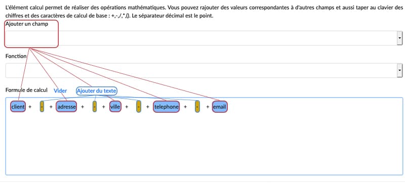 Afin de concaténer, insérez vos champs et séparez-les par un + et un tiret