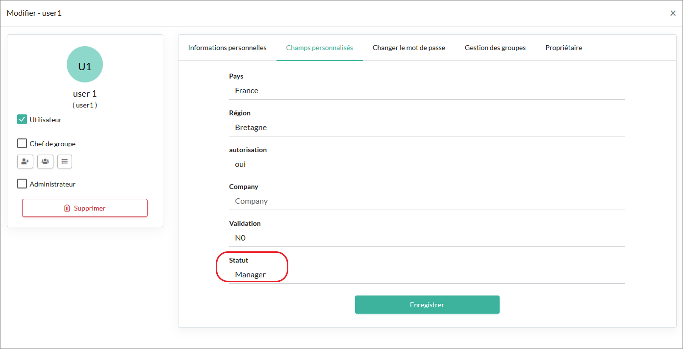 Paramétrage des champs utilisateurs personnalisés