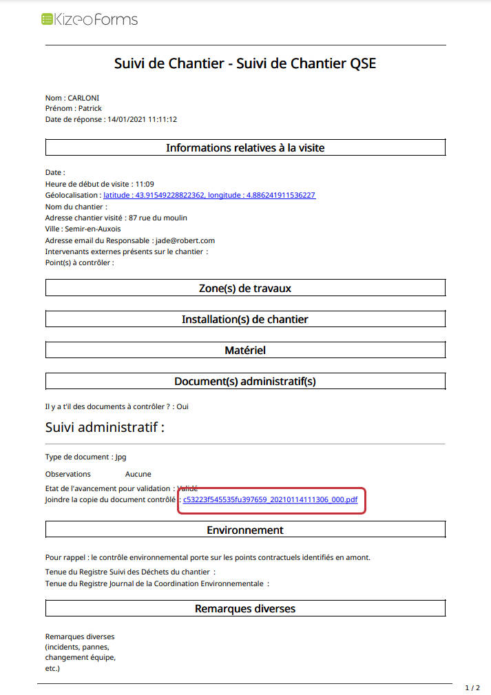 Votre pièce jointe s'affichera sous forme de lien dans votre rapport PDF.