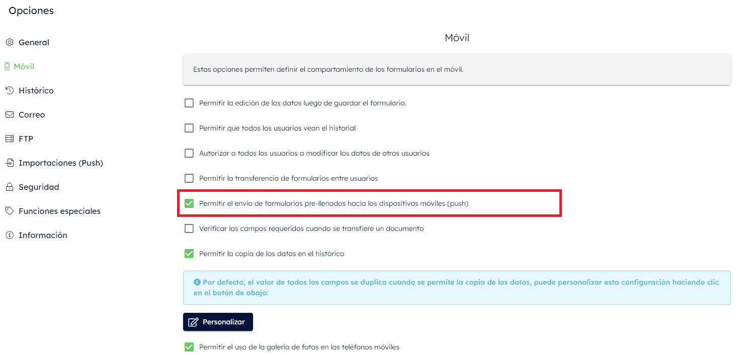 Active la opción «Permitir inserción de datos» en la pestaña Móvil.