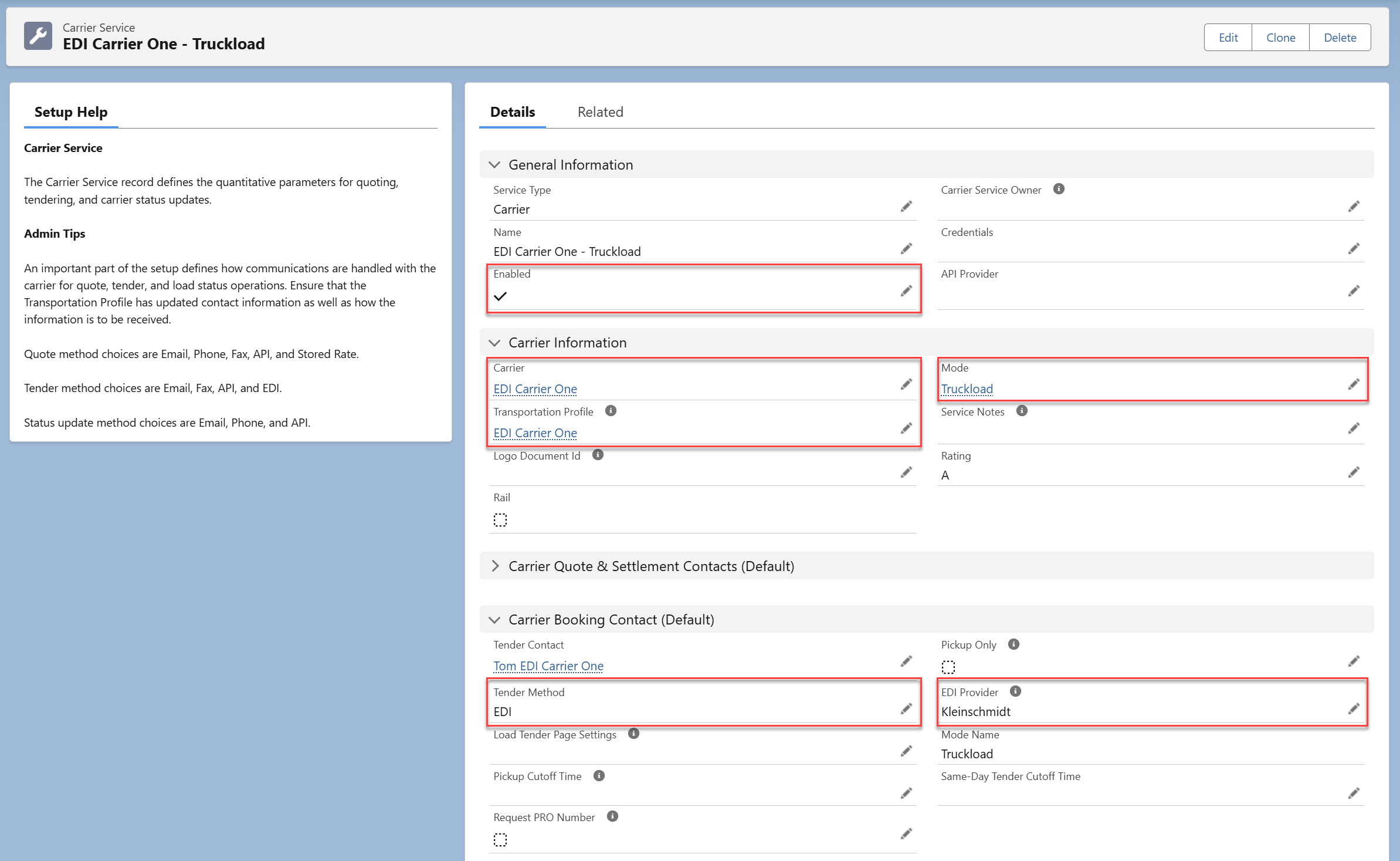 EDI Carrier service setup details including enabled status, carrier information, and tender method.