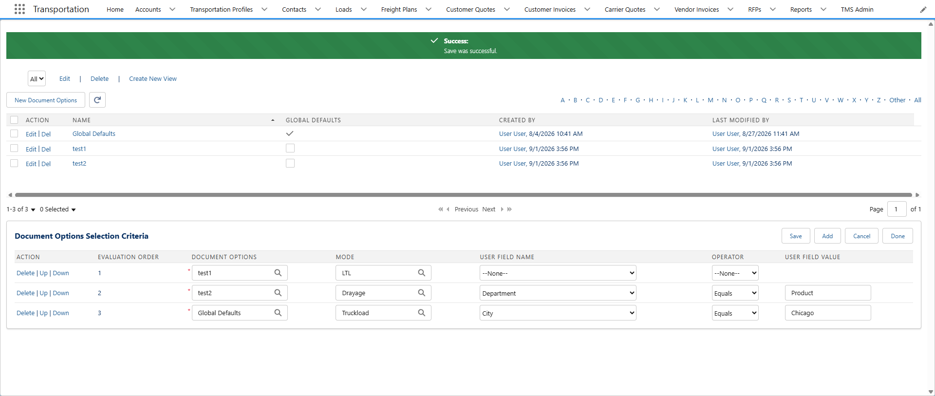 Document Options Selection Criteria showing three different types of Document Options, filtered by Mode and User Field Names.