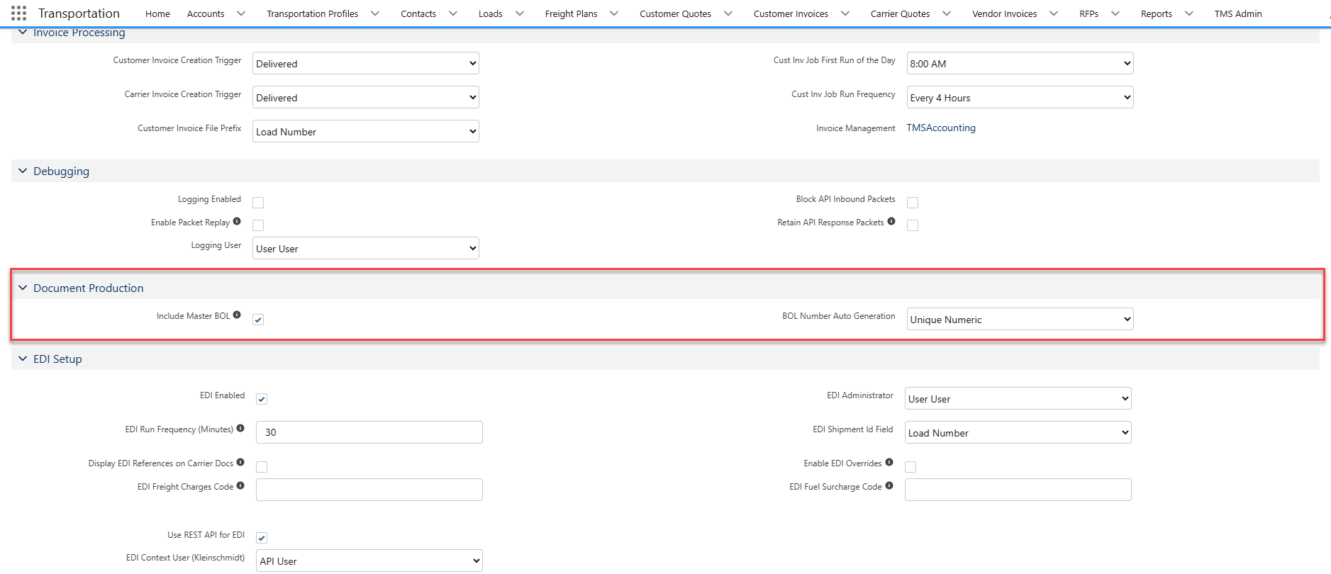 TMS Admin showing Configuration settings for Document Production, including "Include Master BOL" and BOL Number Auto-Generation checkboxes.