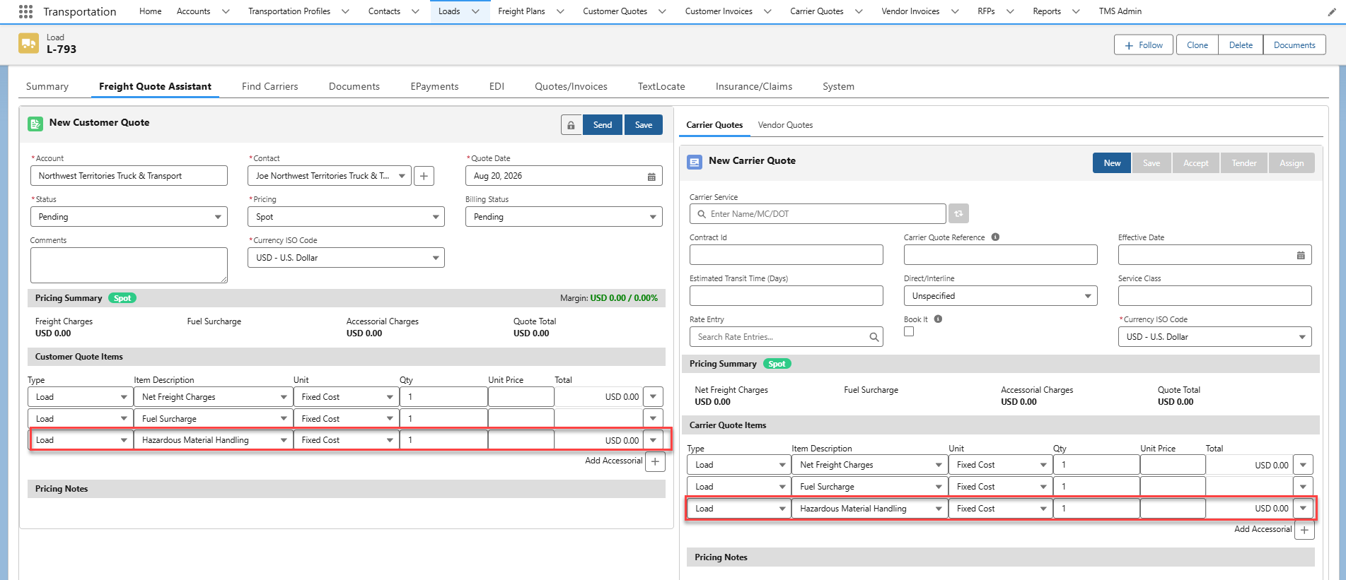 Customer and Carrier quotes in the FQA showing HazMat handling accessorial added.