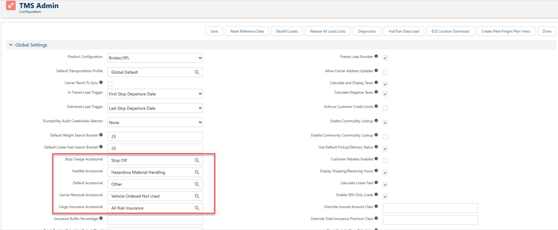 TMS Admin Global Settings of configurable accessorial options.