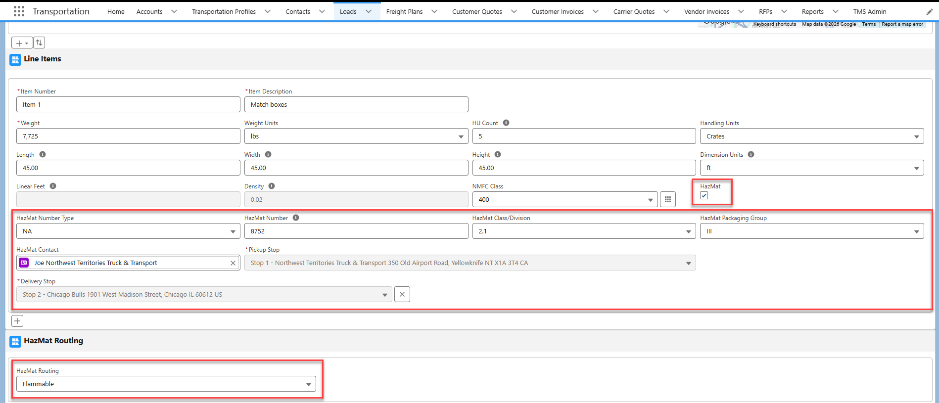 Load configuration displaying HazMat checkbox and related fields.