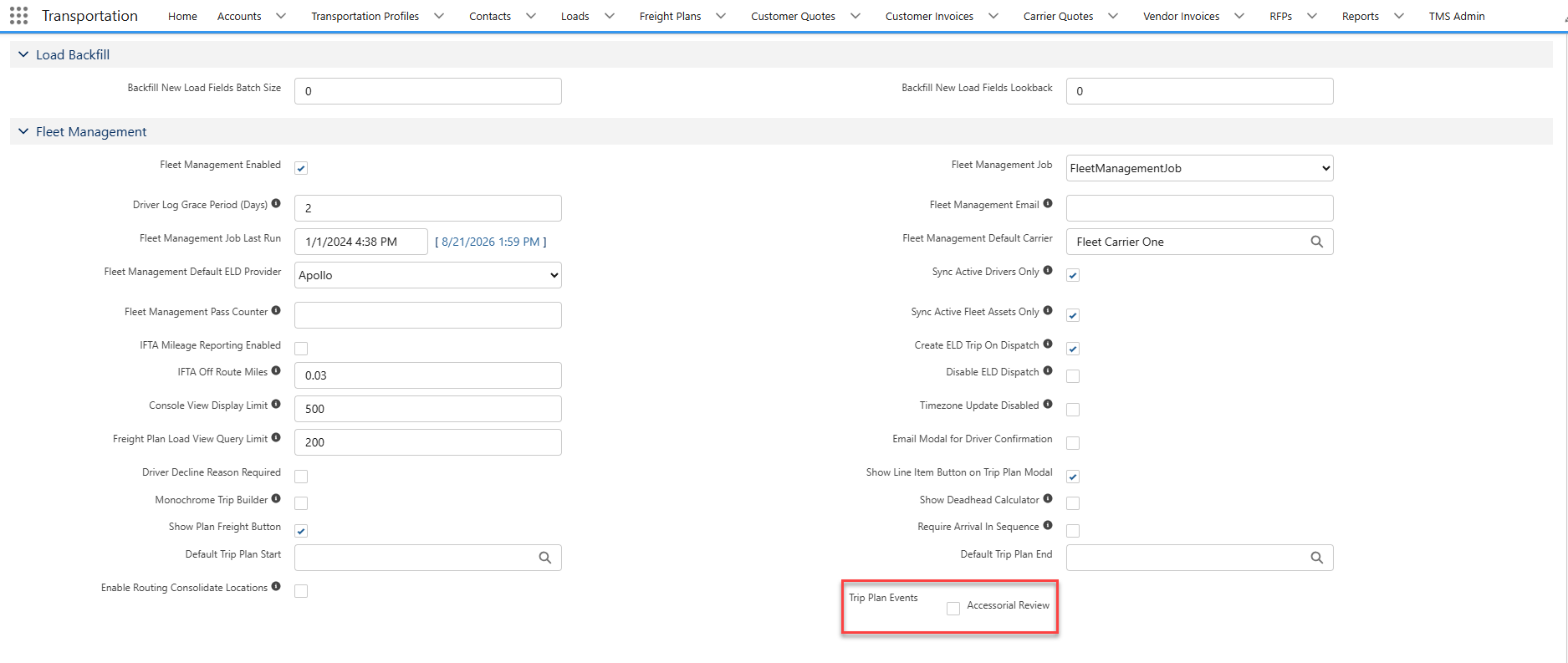 TMS Admin Configuration settings showing Fleet Management Trip Plan Events Accessorial Review checkbox.
