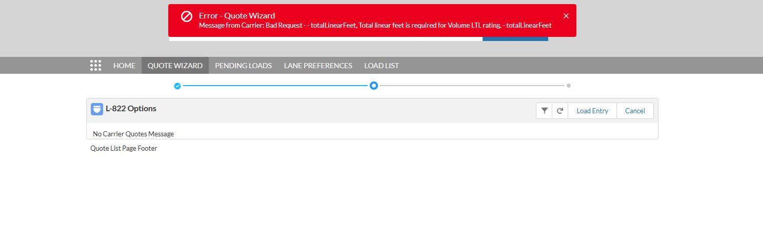 Error toast displaying issue with Linear Feet field calculation in Line Items to render Volume LTL quotes.