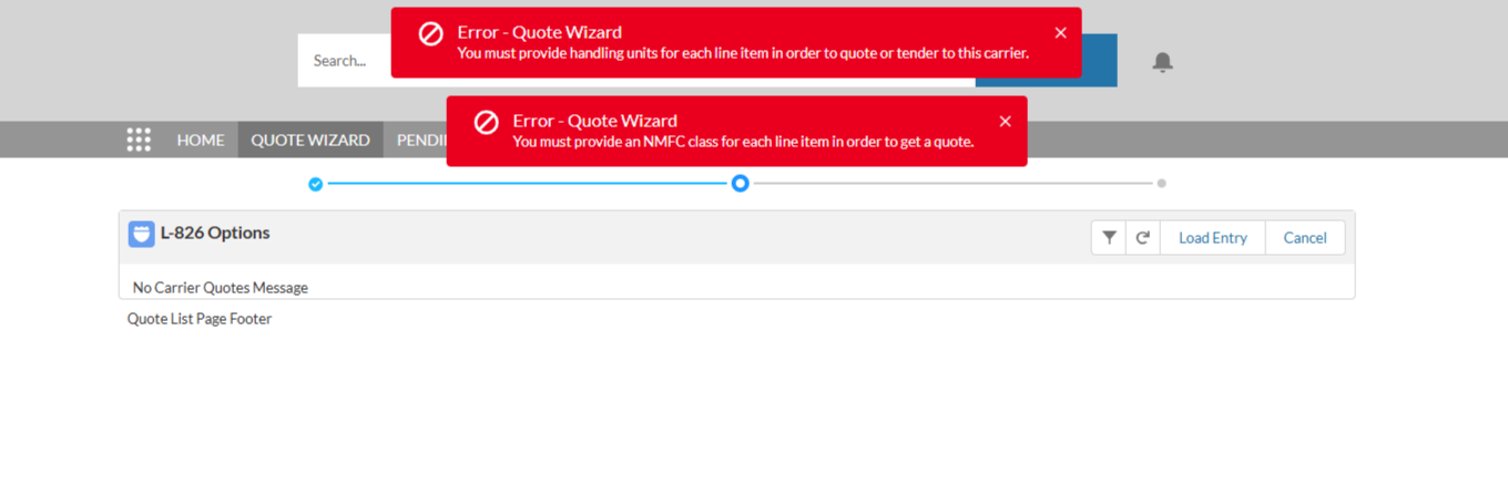 Error toast messages for User that failed to enter NMFC Class, Handling Units, and HU Count.