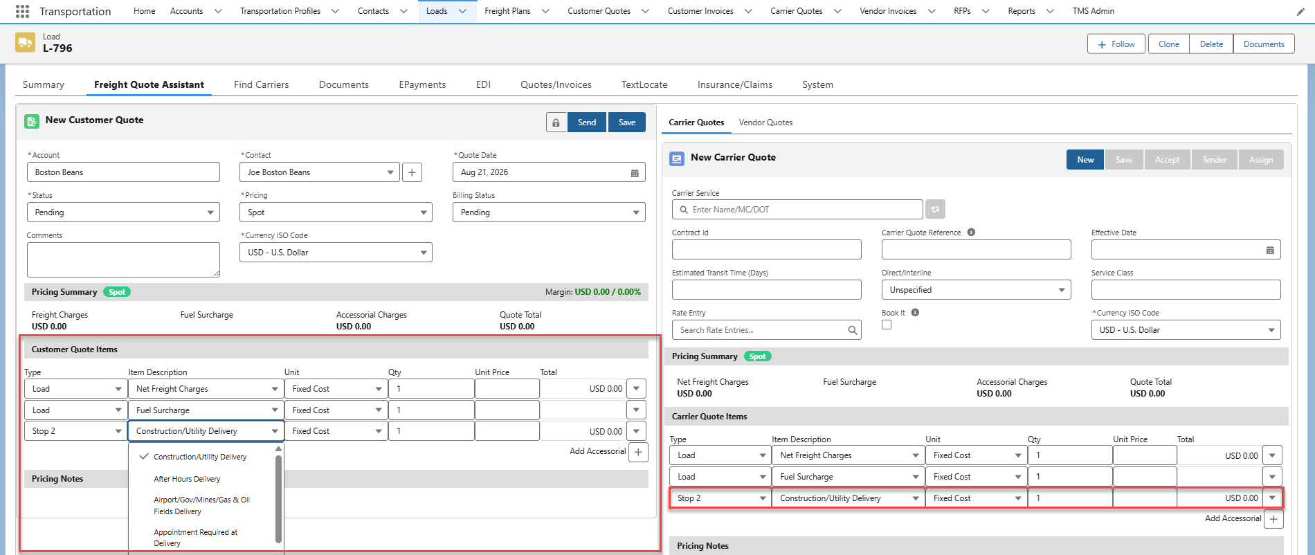 FQA showing customer and Carrier quotes with applied Limited Access Accessorial charges.