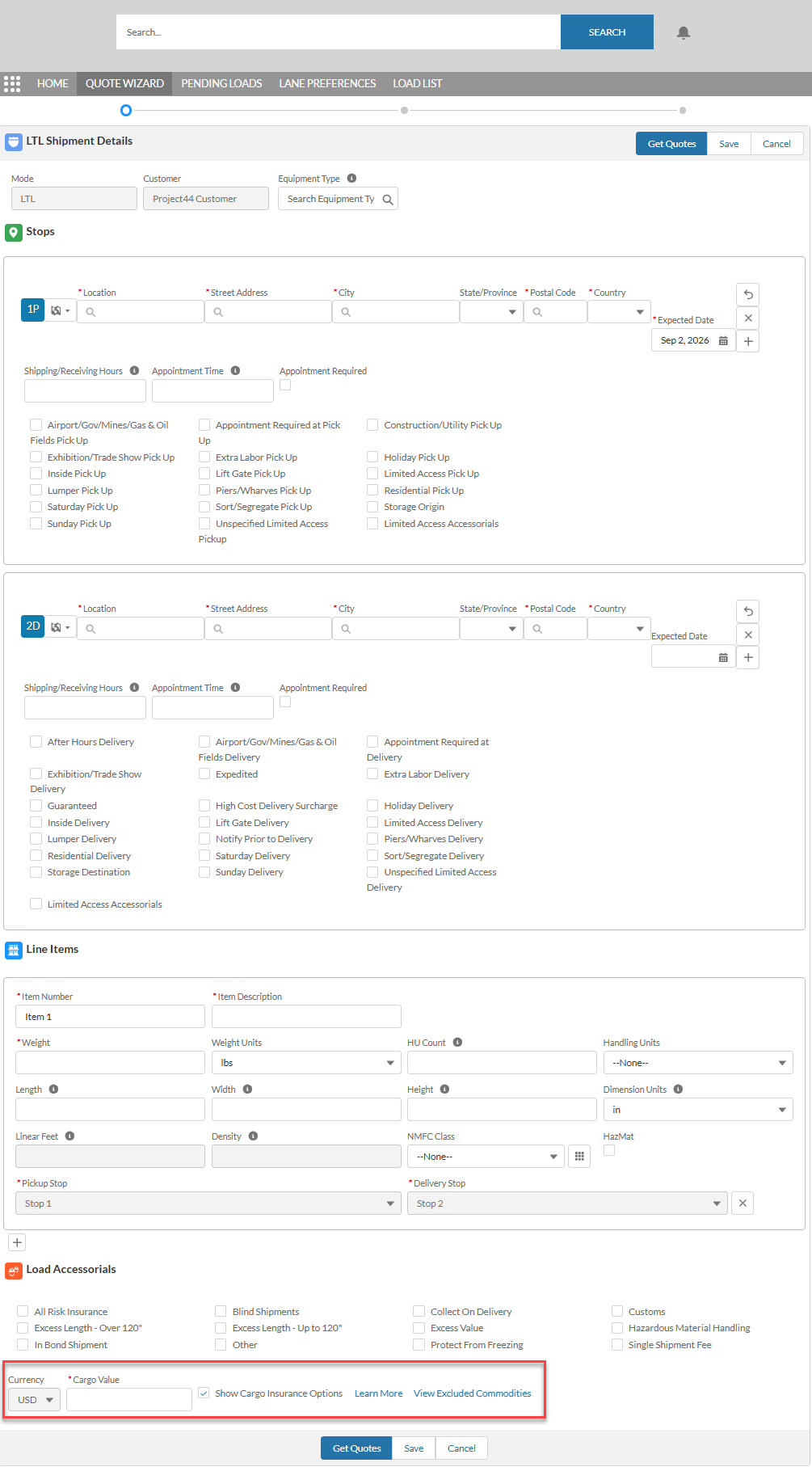 Quote Wizard LWC displaying Load Entry Page with cargo insurance options.