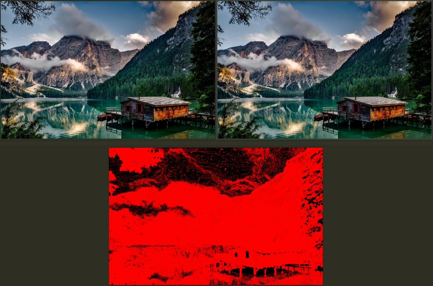 A collage of a mountain and a house on a lake  Description automatically generated