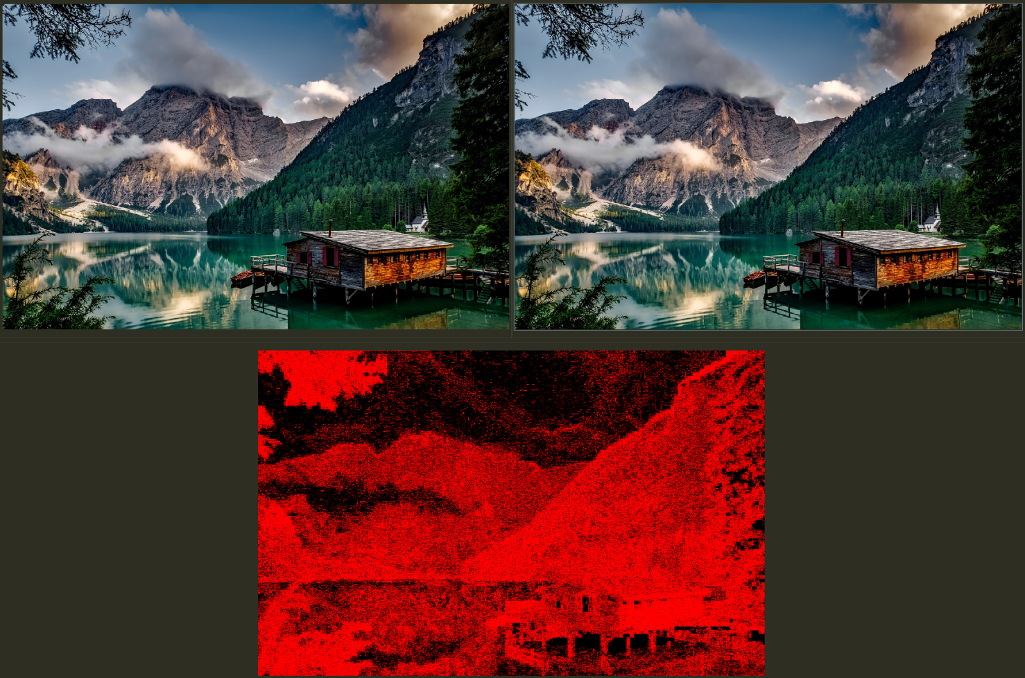 A collage of a mountain and a house on a lake  Description automatically generated