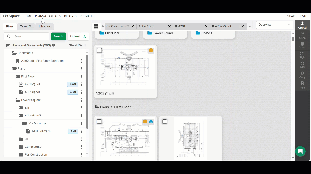 GIF showing steps to print from Plans or Takeoffs Overview