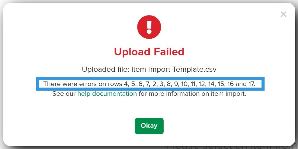 A screenshot of a upload error  Description automatically generated