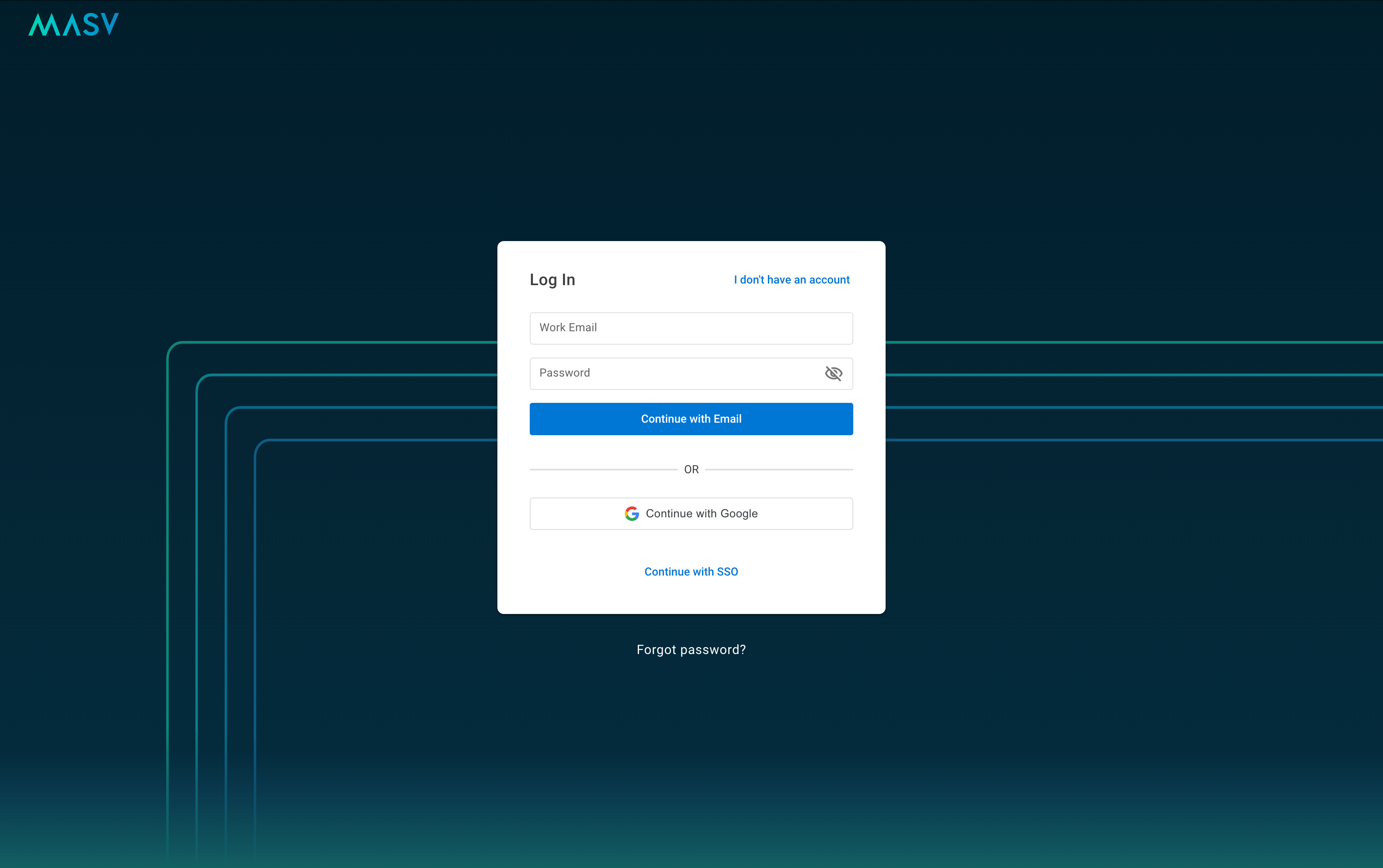 MASV login screen with a dark teal gradient background and a centered white Log In modal containing fields for work email and password, Continue with Email and other sign-in options.