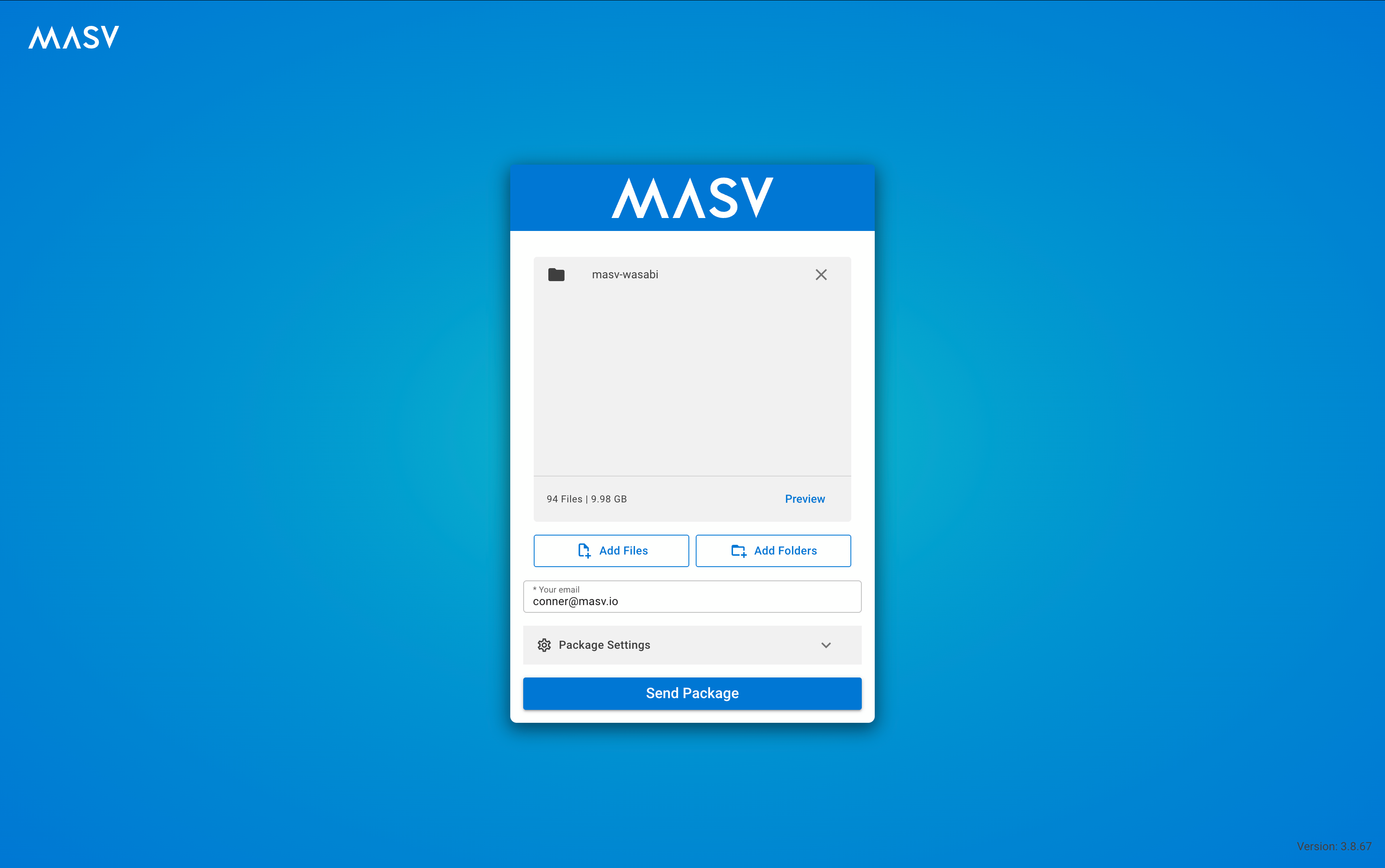 MASV upload widget centered on a blue gradient background — a small MASV panel showing Add Files / Add Folders buttons and a preview area.