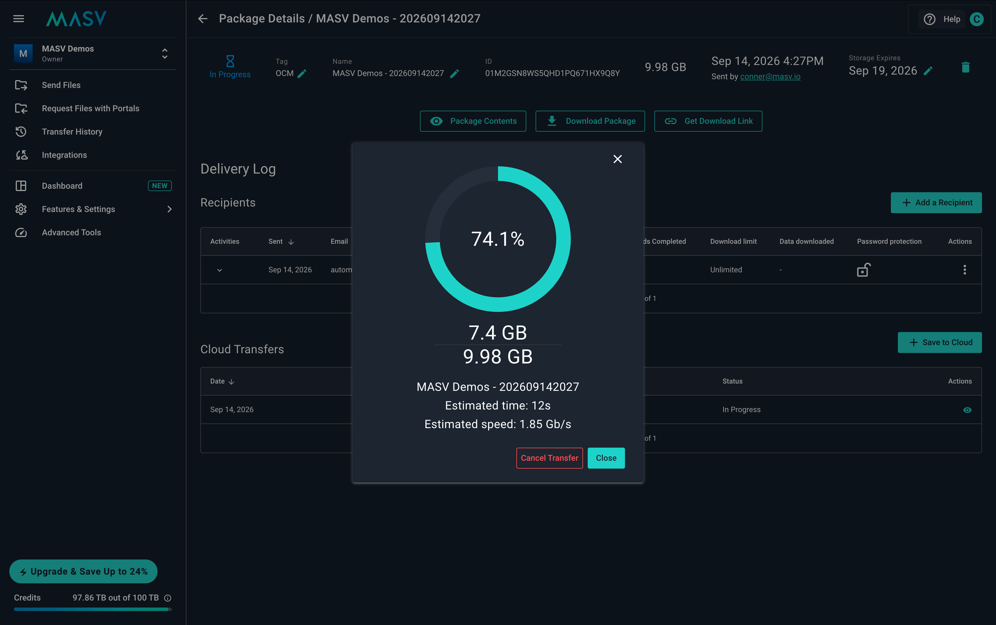 Dark MASV Package Details screen with a large circular transfer progress dialog (showing ~74.1%) and transfer stats (7.4 GB of 9.98 GB), overlaid on the Package Details dashboard.