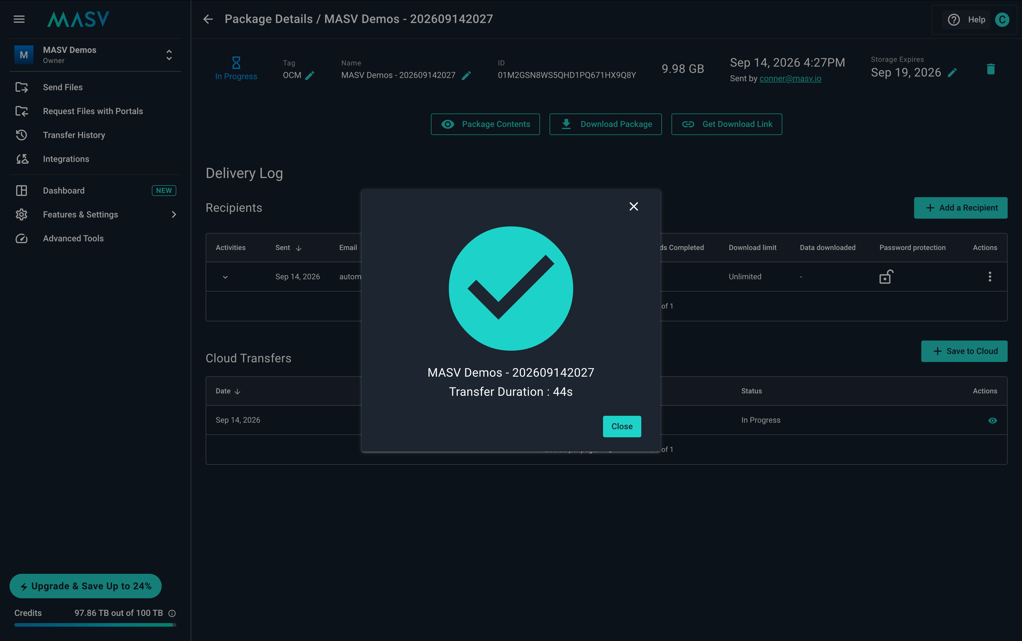 A dark MASV web app screenshot showing the Package Details page with a centered modal containing a large green checkmark and text MASV Demos - 202609142027 Transfer Duration : 44s. Left navigation menu is visible and the modal overlays delivery log and cloud transfers sections.
