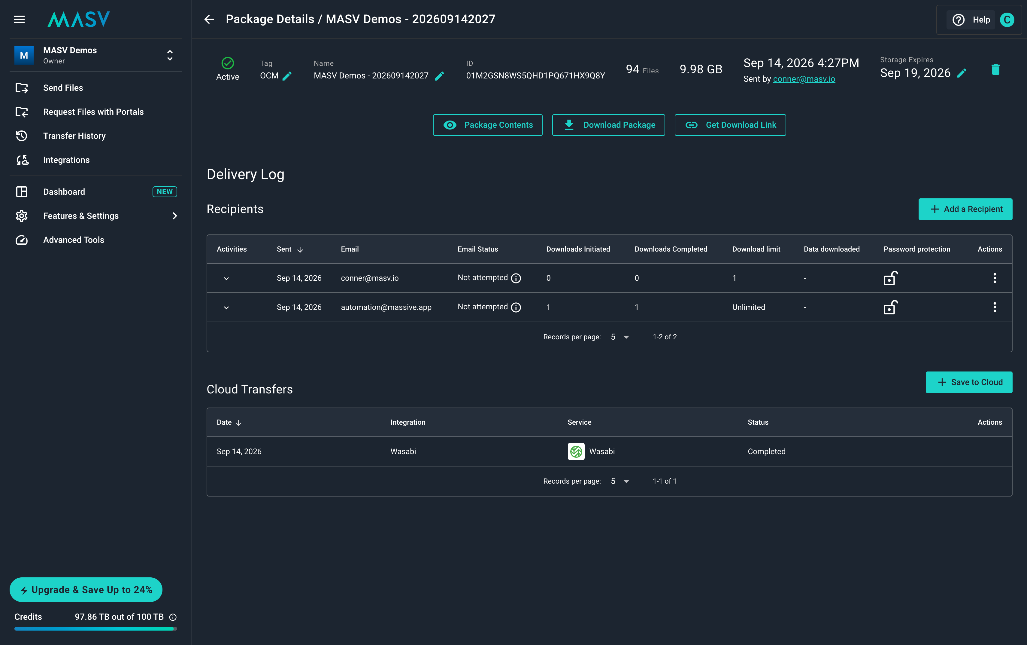 MASV Package Details page screenshot showing package metadata header, action buttons (Package Contents, Download Package, Get Download Link), Delivery Log table, and Cloud Transfers section