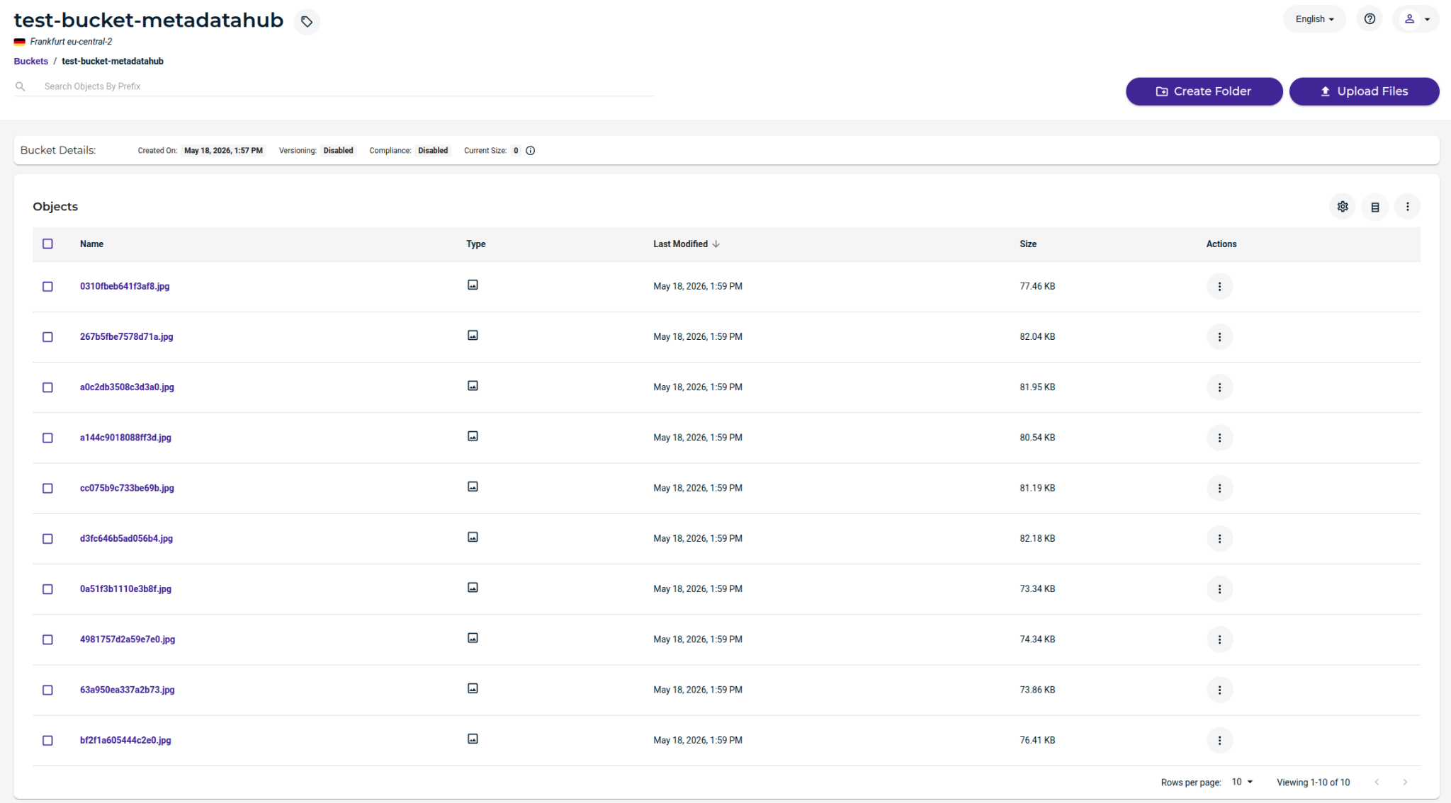 Screenshot of Wasabi bucket UI titled test-bucket-metadatahub showing the bucket details and a table listing multiple image files (jpg) with columns for Name, Type, Last Modified, Size, and Actions; UI includes Create Folder and Upload Files buttons