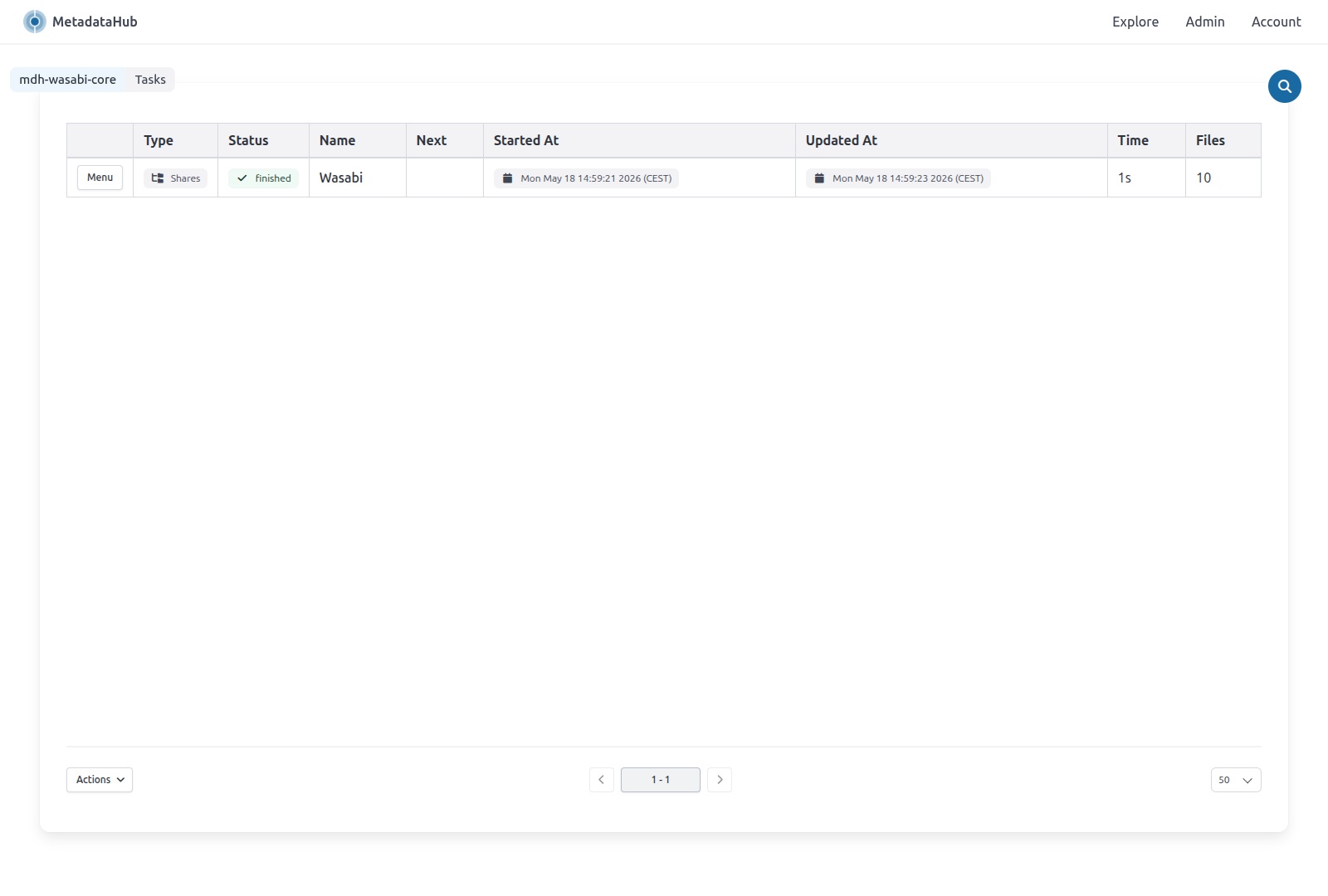 Screenshot of MetadataHub web UI showing a tasks table with a row for a task named Wasabi. Table headers visible include Type, Status, Name, Next, Started At, Updated At, Time, Files; the Wasabi row shows a finished status and 10 files.