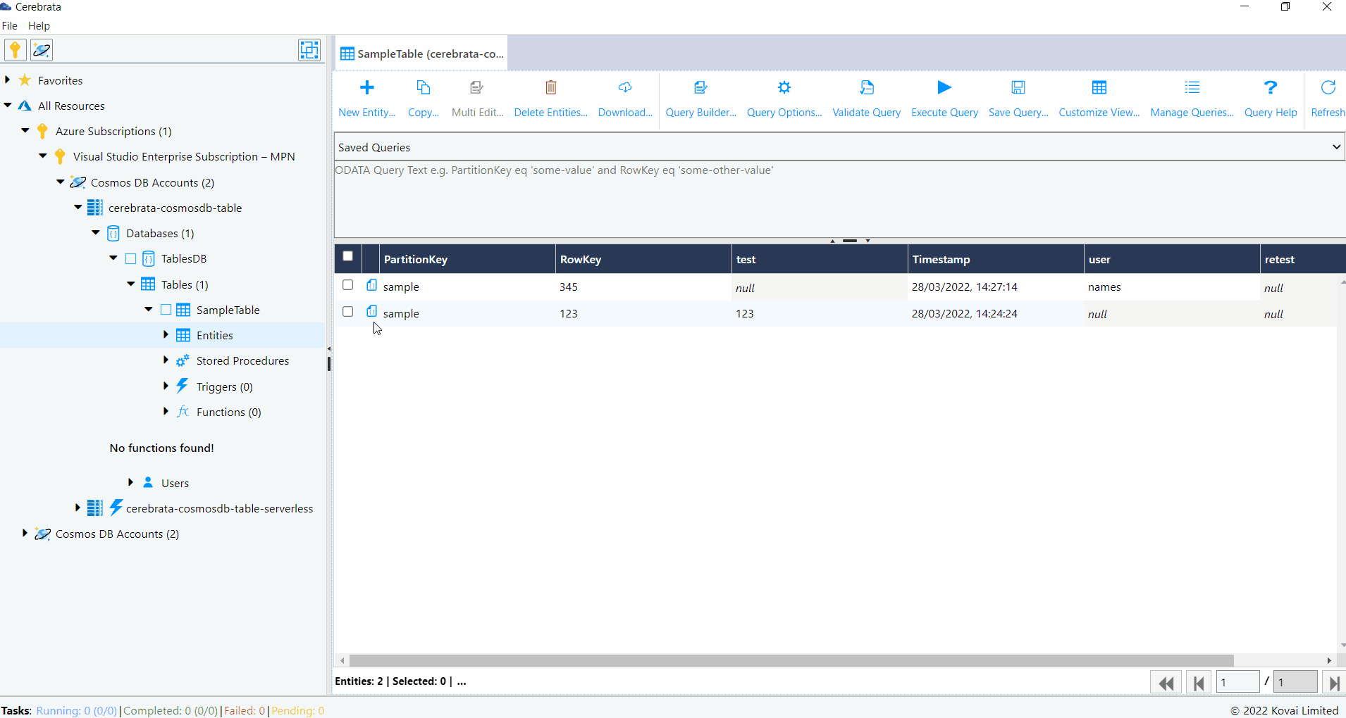 CosmosDB Update Entities Table API 