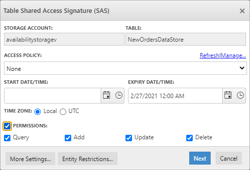 Storage Tables Shared Access Signature
