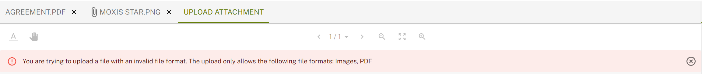 Error message for invalid file format