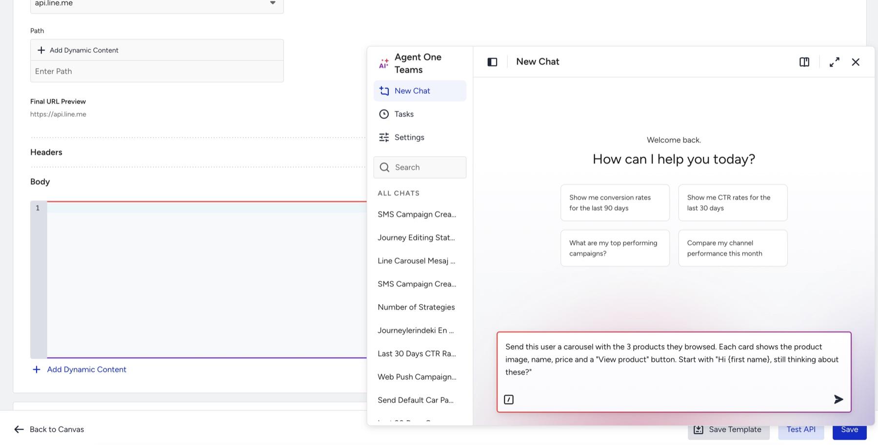 Agent One Teams chat opened next to an empty Call an API Body field, with a carousel request typed in the message box