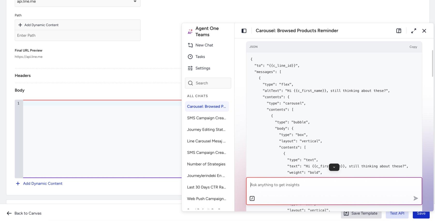 Agent One Teams reply showing the generated LINE carousel body in a JSON code block