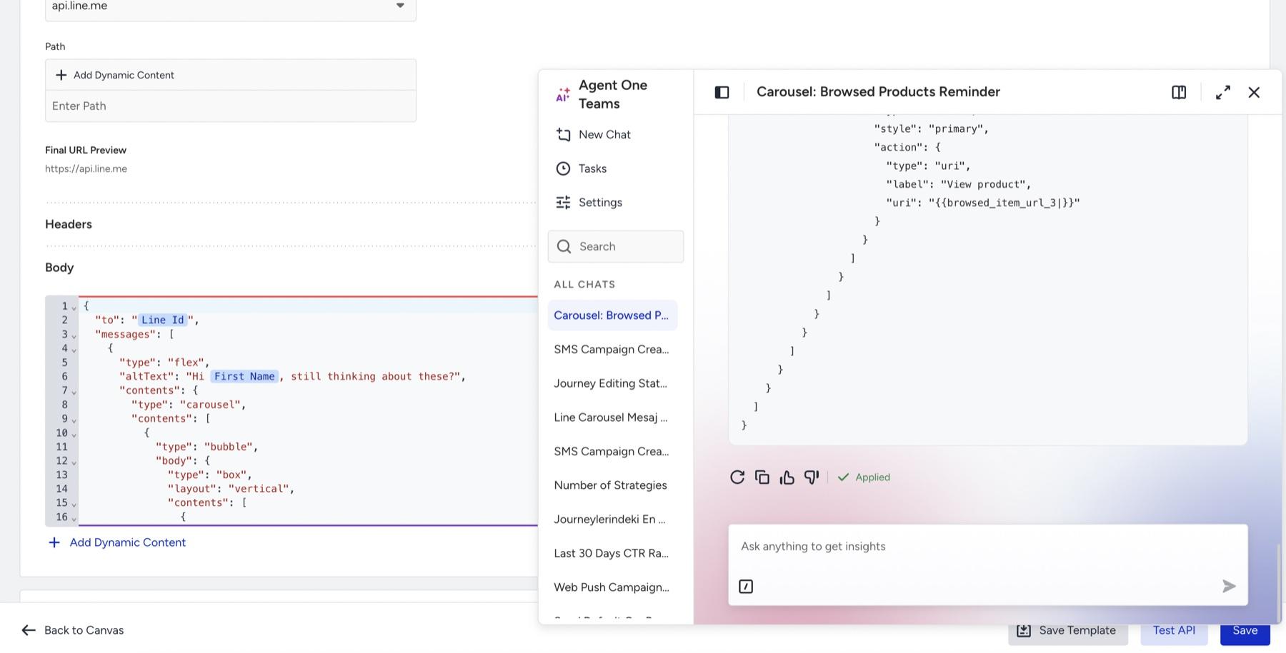 Applied label in the chat and the new body in the Body field with dynamic content highlighted
