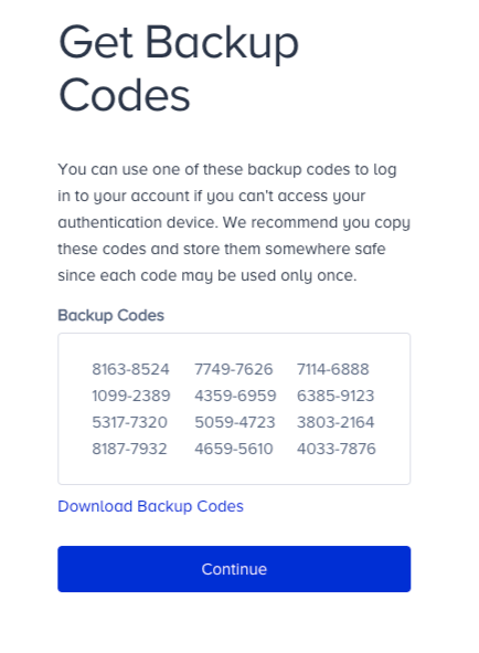 This image shows downloading backup codesç