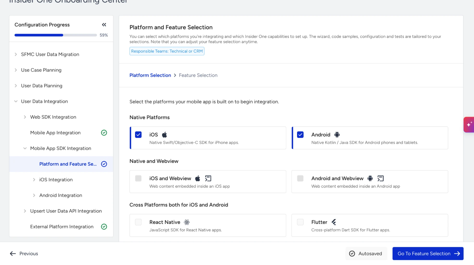 Platform and Feature Selection step in Mobile App SDK Integration