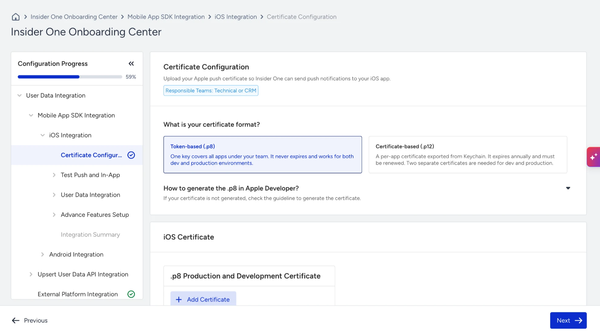 Certificate Configuration step in Mobile App SDK Integration