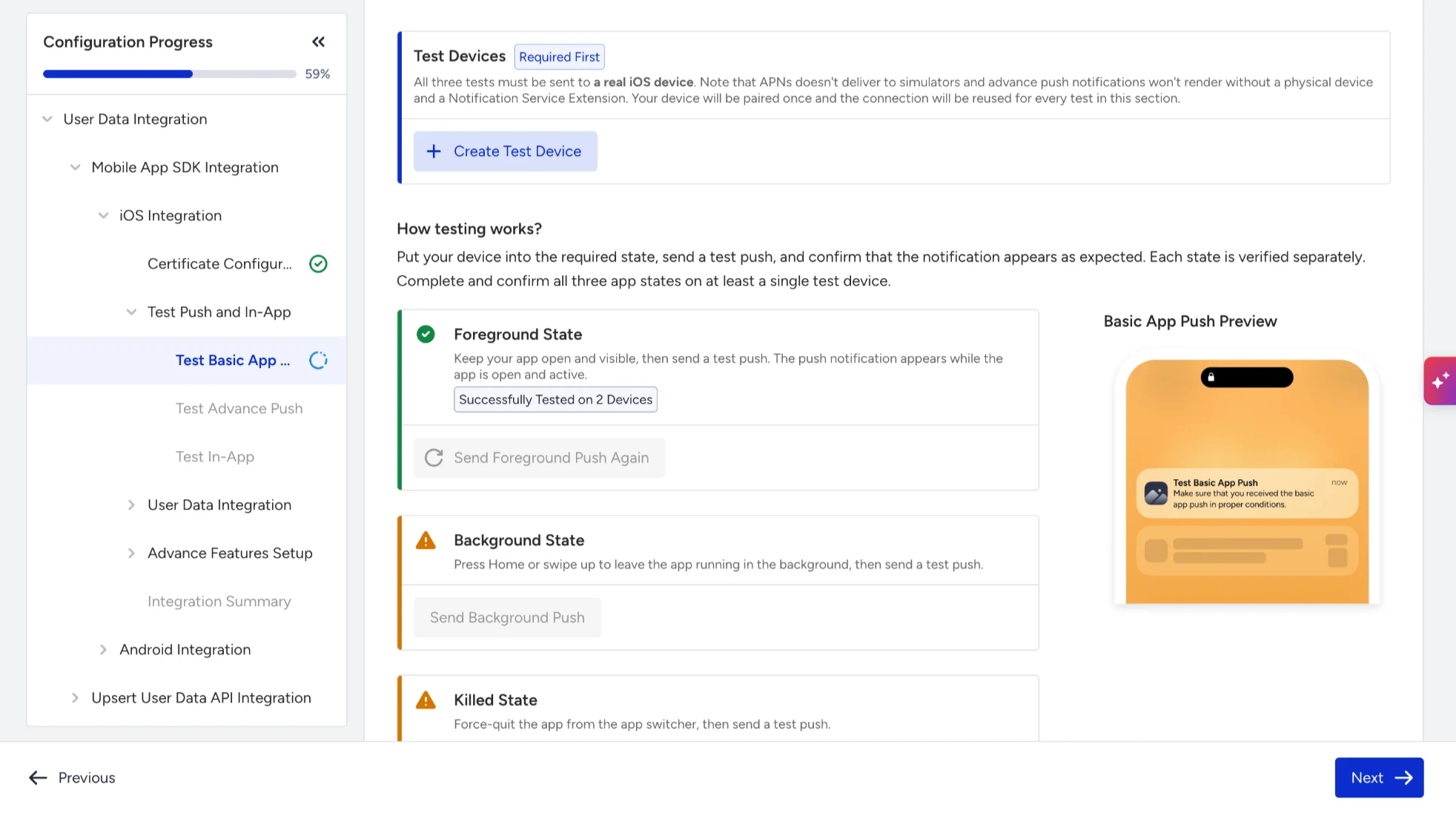Test push in the app step in Mobile App SDK Integration