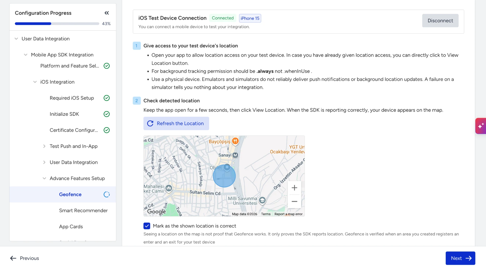 Advanced Feature Setup step in Mobile App SDK Integration