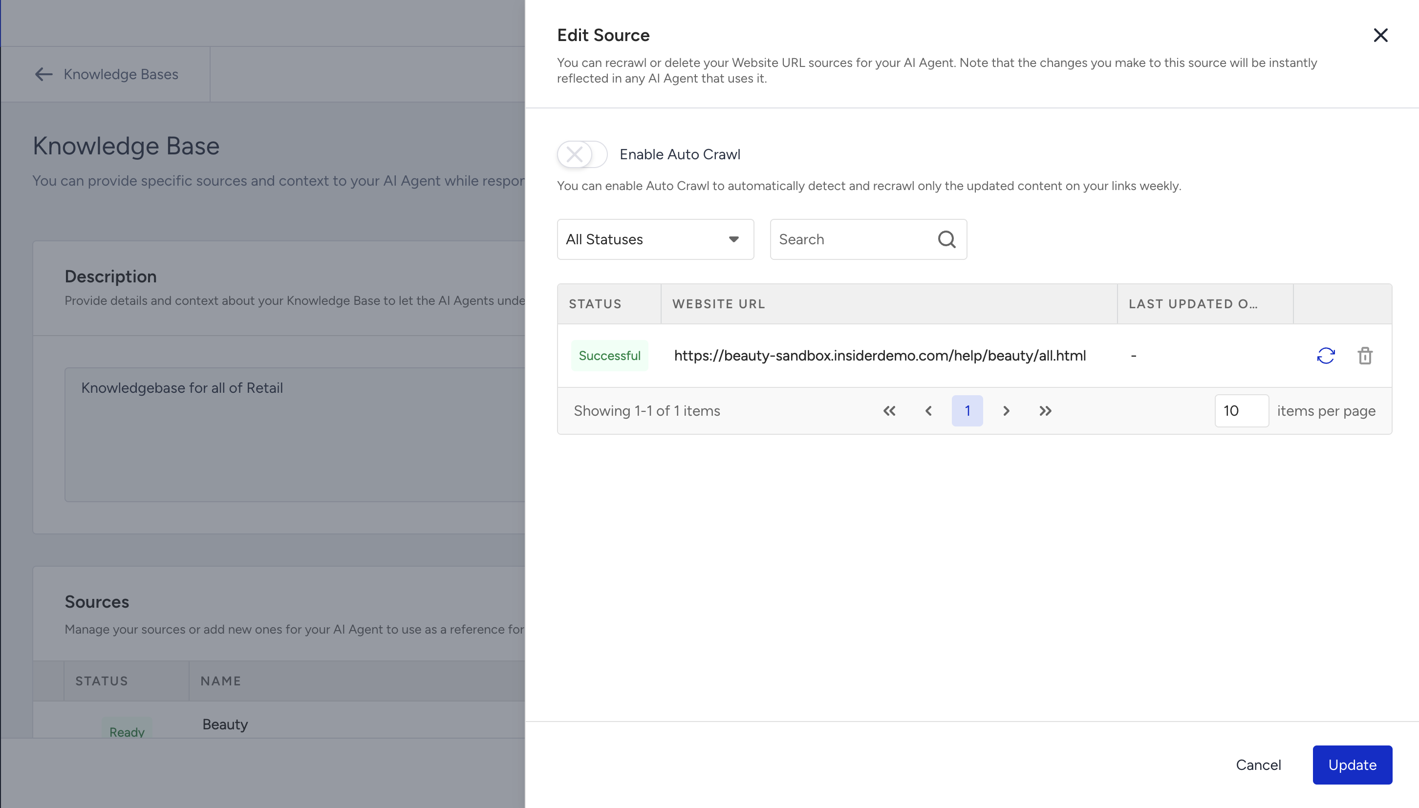The Edit Source panel with the list of crawled pages