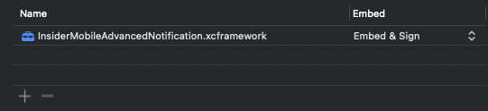 InsiderMobileAdvancedNotification.xcframework linked to a notification extension target and set to Embed and Sign